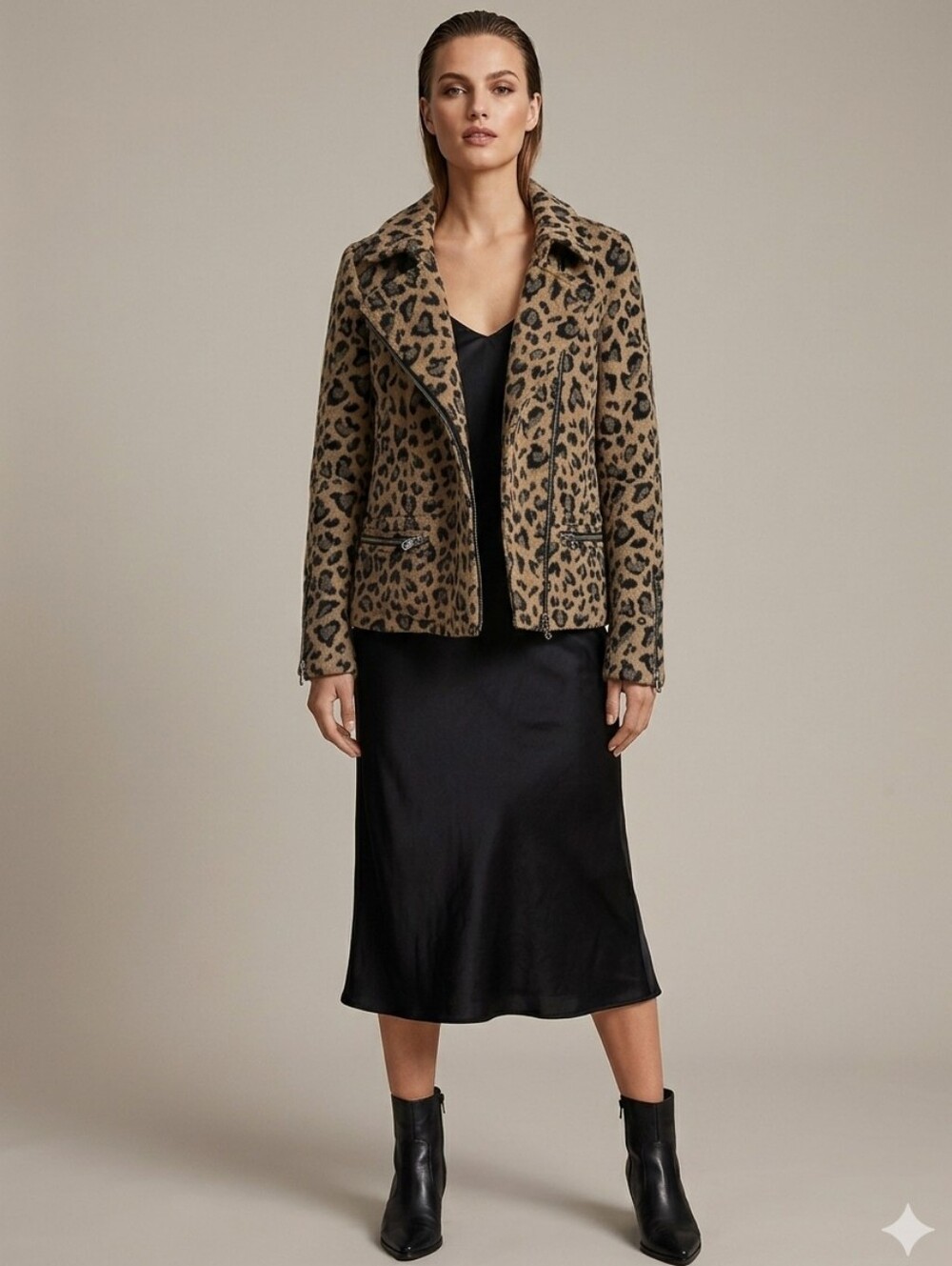 Maison Scotch Faux Fur Animal Print Zip Front Biker Jacket